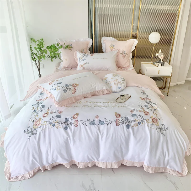 

Luxury Princess 4Pcs ding 400TC Cotton Flowers Embroidery Ruffles Duvet Quilt Cover Comforter Set Bed Linen