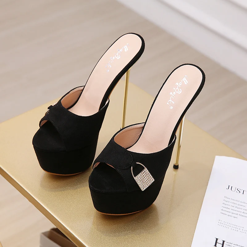 

Fashion Sexy Crystal Metal Decoratio Platform Slippers Concise Shoes for Women 2022 Summer High Heels Patchwork Slip-On