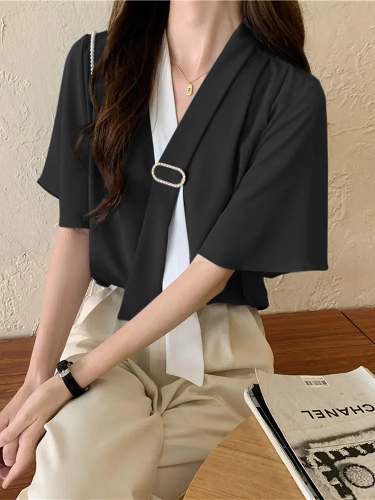 

VONDA 2022 Woman Fashion Summer Color Patchwork Blouse Y2K V-Neck Solid Chemise Tops Femme Short Sleeve Shirts Blusa Oversized