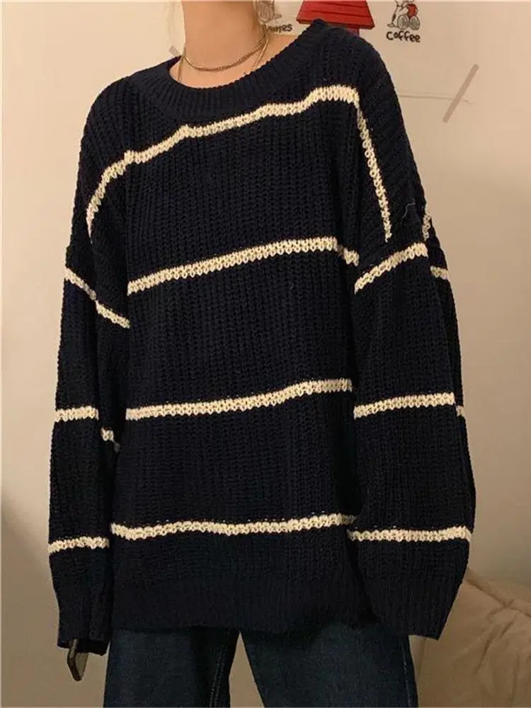 Крутые японские полосатые топы Женские Смешные вязаные свитера большого размера
