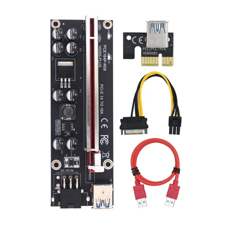 VER009S PCI-E Riser Card 009S PCIE X1–X16 6-контактный кабель питания USB для видеокарты GPU 8 конденсаторов