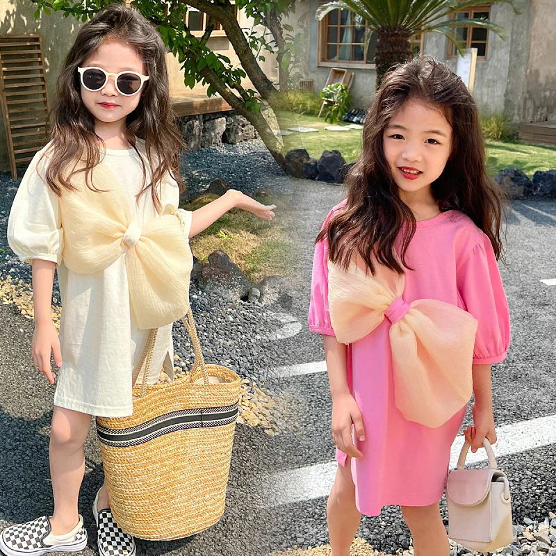 

2023 Summer Sweet Baby Princess Birthday Dresses Children Clothes Short Sleeve Dresses T Shirts Dress with Big Bow Cute Loose Pr