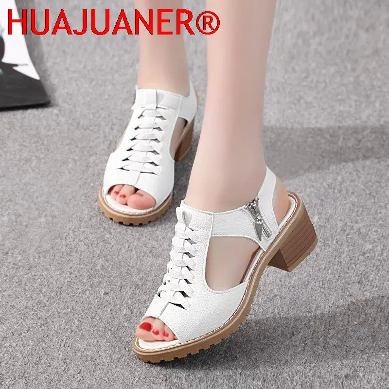 

HUANJUANER новые женские летние туфли на квадратном каблуке кожаные сандалии-гладиаторы на молнии сандалии на платформе на среднем каблуке на высоком каблуке 43