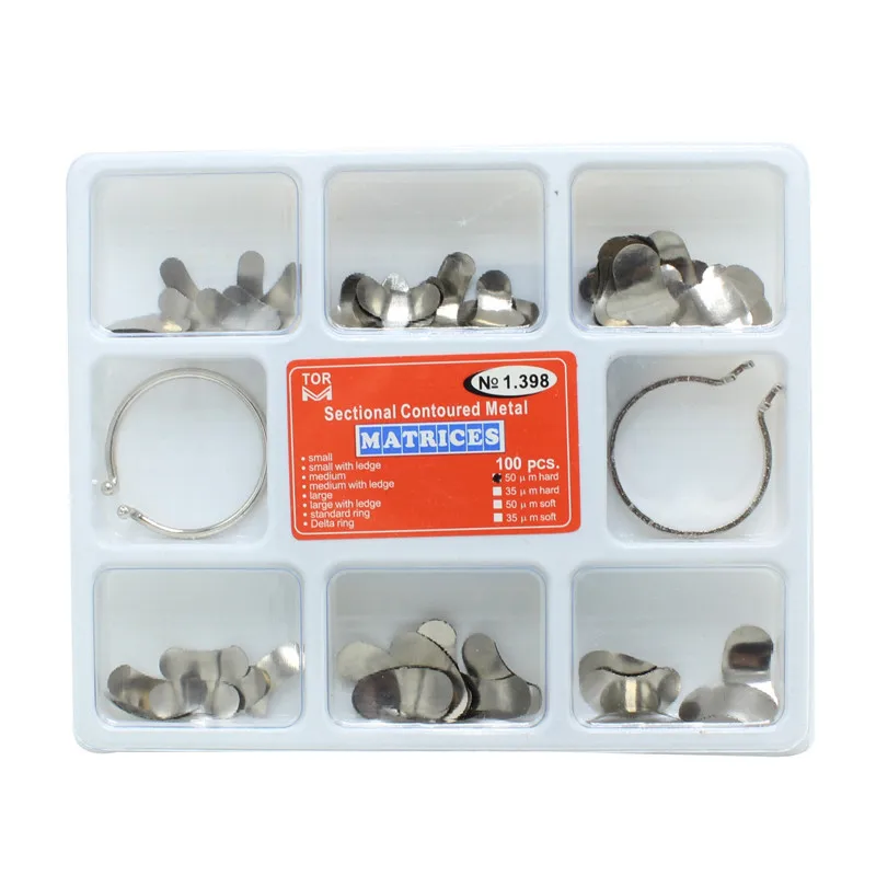 

100pcs Dental Matrix No.1.398 Sectional Contoured Metal Matrices with 2 Rings set for Teeth Replacement Dentist Tools