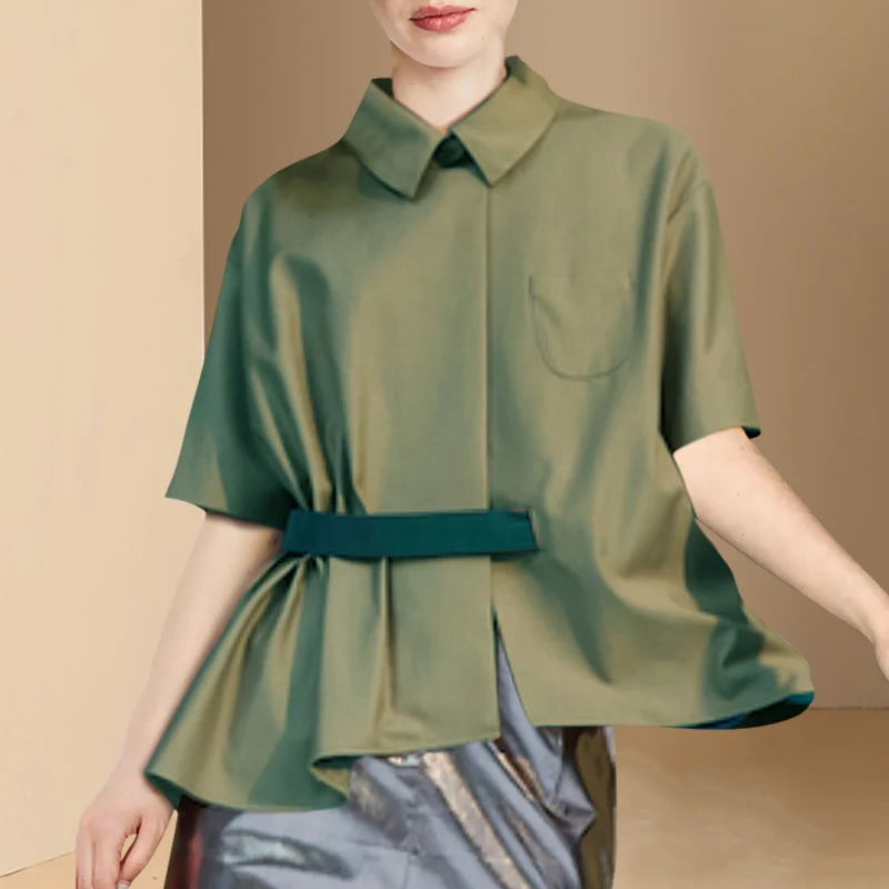 

Summer Short Sleeve Slim Waist Blouses Women Fashion Turndown Collar Loose Casual Irregular Shirt Female Solid Tops Clothing