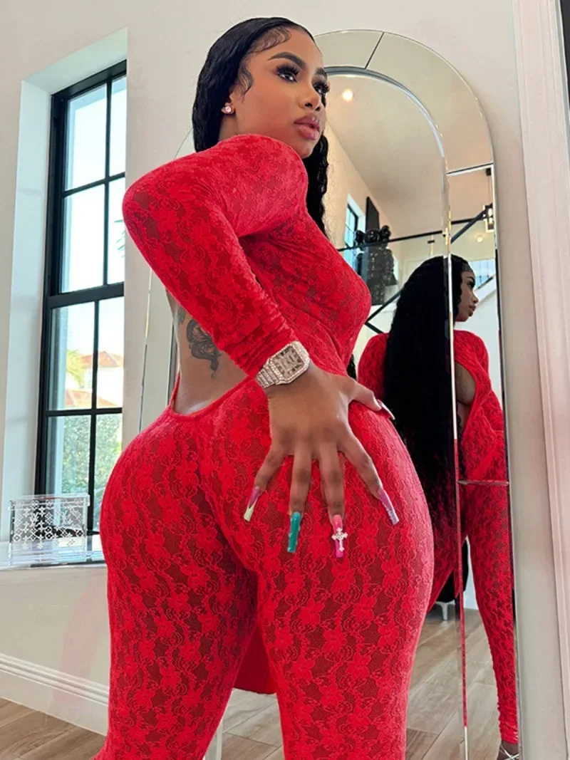 Сексуальные прозрачные кружевные комбинезоны с круглым вырезом и длинными