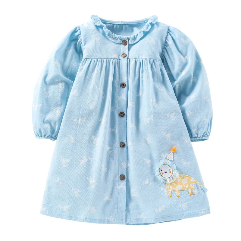 

Little Maven New Spring Autumn Kids Sky Blue Peter Pan Line Appliques Corduroy Girls 2-7yrs Full-sleeved Cotton Knitted Dresses