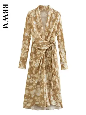 2023 Spring Wrapped Towel Dress Women Fashion High Street Vintage Long Sleeve Print Midi Dresses Ladies Elegant Party Vestidos