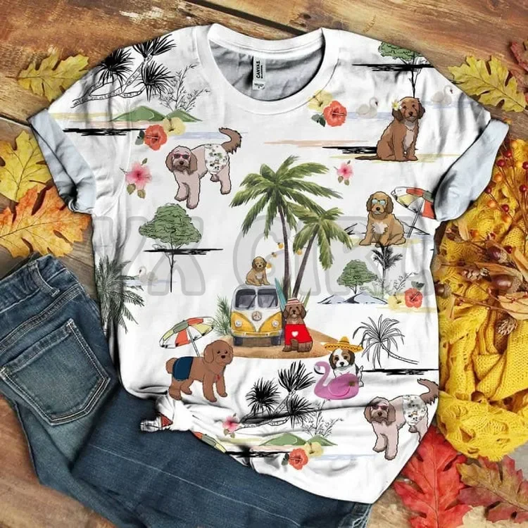 Комочко спаниель-Гавайский пляж ретро 3D футболки с принтом по всей площади