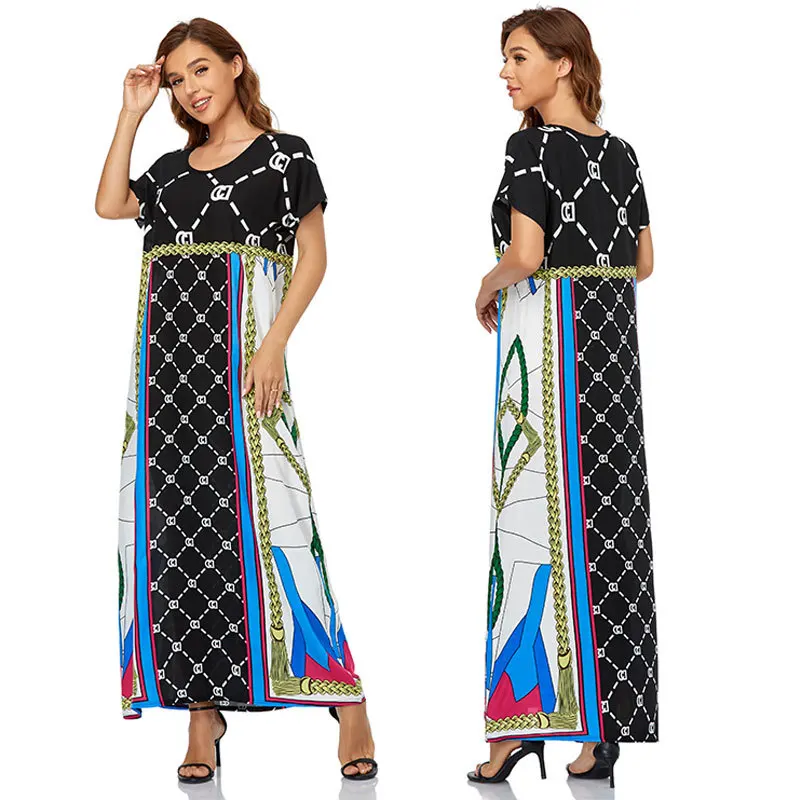 

Muslim Summer Dress for Women2021 Short Sleeve Print Hijab Abaya Turkey Islamic Clothing Ramadan Kuftan Long Robe Maxi Dresses