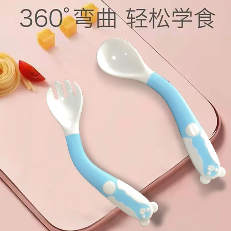 

Baby Spoon Can Be Bent To Eat Training Fork Spoon Set Newborn Children Tableware Supplementary Food Elbow Soft Spoon Twist Spoon