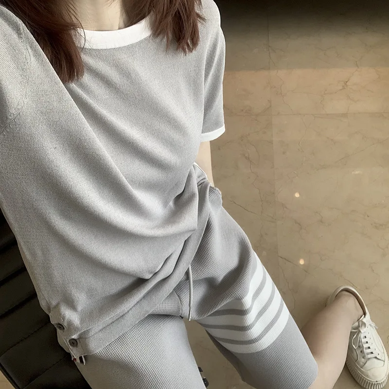 High Quality Korean Fashion Spring/Summer 2023 New Correct Version TB Waffle Shorts Unisex Relaxed Four Bar and Five Split Pants