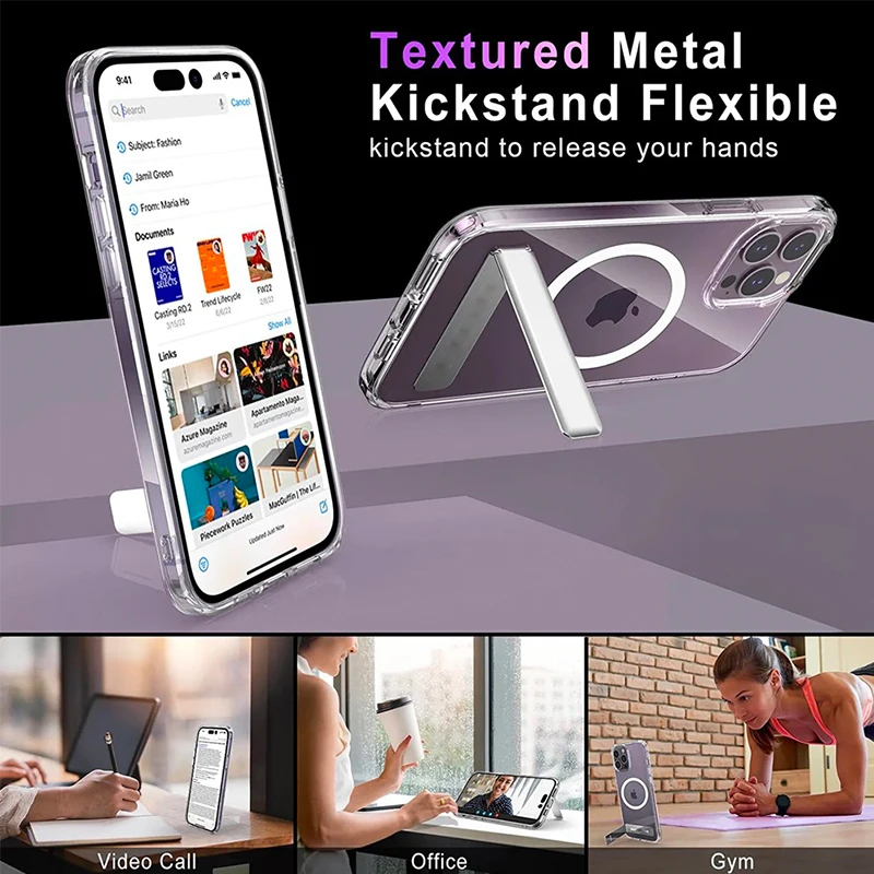 Фото Магнитный Прозрачный чехол для телефона Magsafe с подставкой для iPhone 14 Pro Max 13 12 11 Mini, защитный противоударный чехол-накладка для мобильного телефона №2