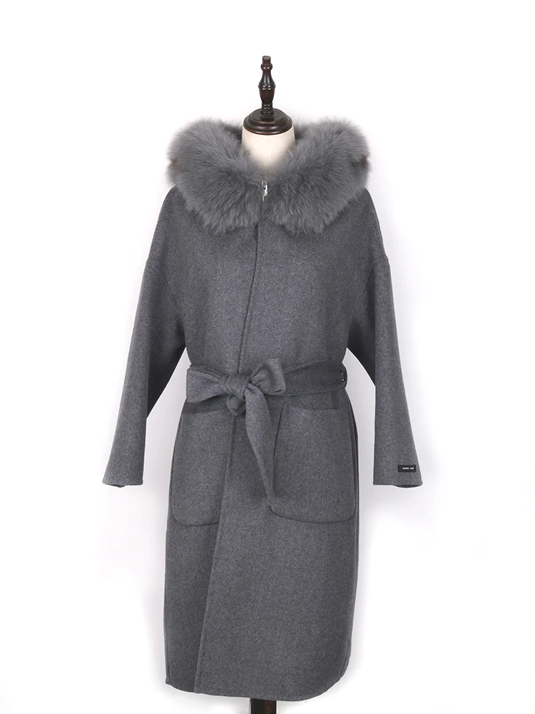 New 2023 Real Fur Coat Winter Jacket Women 100% Natural Fox Fur Collar Cuffs Cashmere Wool Blends Oversize Outerwear