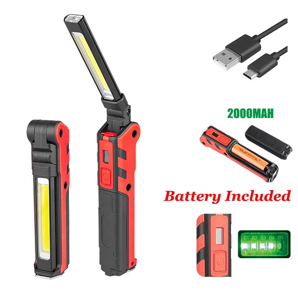 Portable LED+COB Work Light Waterproof USB Charging/Replaceable Battery Flashlight Foldable Ratate 270° Magnetic Repairing Hook
