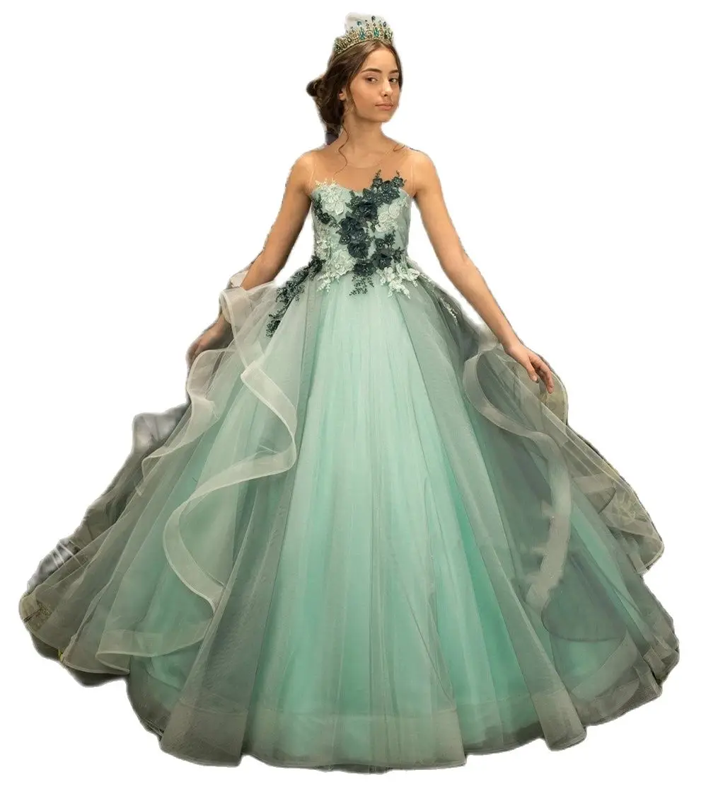 

Green Ball Gown Flower Girl Dresses Wedding Party Appliques Beads Flowers Princess Birthday Pageant Robe De Demoiselle