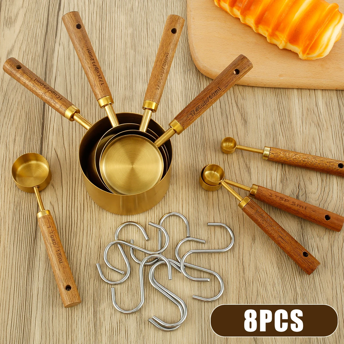 

8Pcs Measuring Cup and Spoon Set Stainless Steel Cup Measurement Set with Wooden Handle Portable Measuring Spoons Set with 8