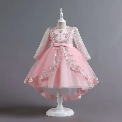 Girls' Dress Princess Style Dress Sequins Glitter Beautiful Pearl Embroidery Long Sleeped Princess Tail Dress Christmas Dress