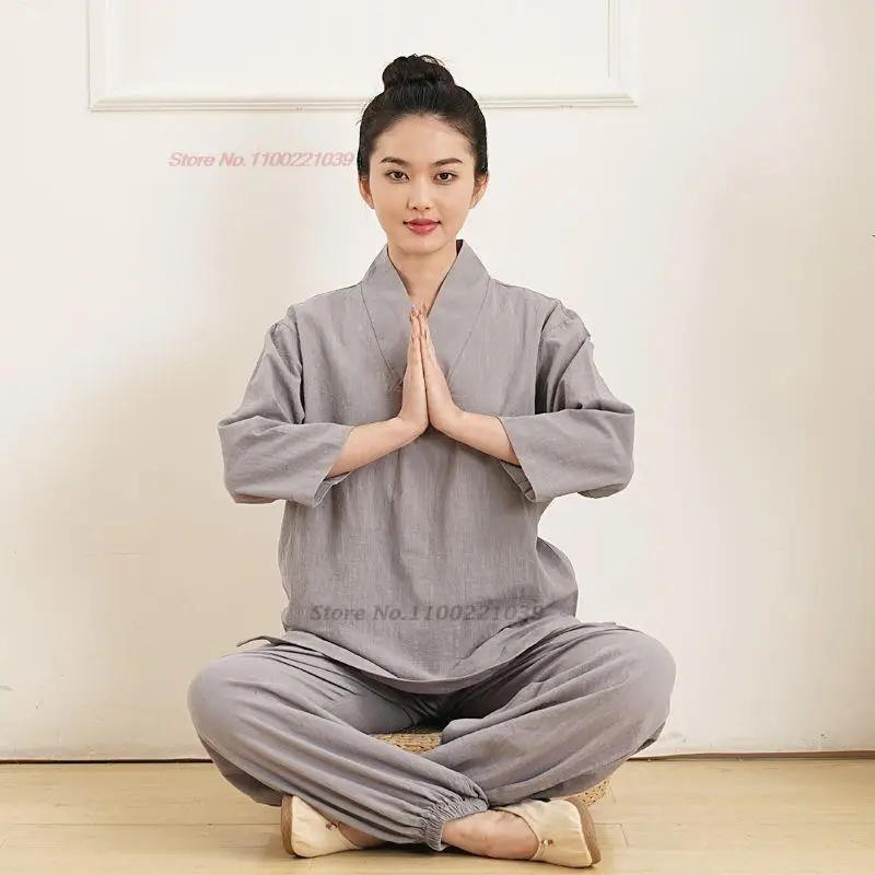 2023 women vintage meditation set traditional cotton linen tang suit oriental buddhist kung fu clothing top+pants set zen suit