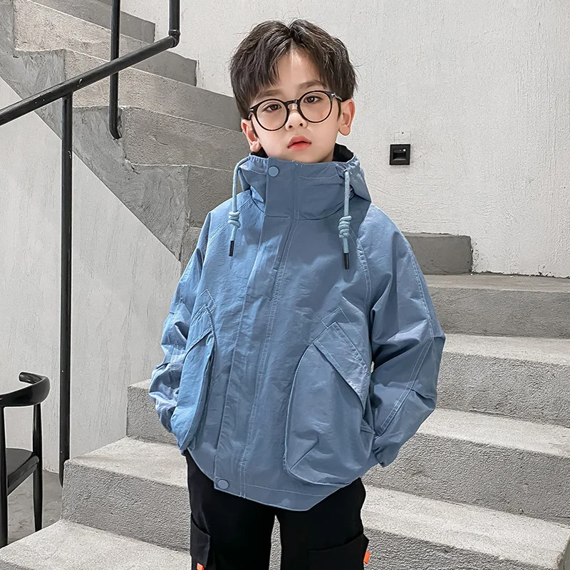 Осенние детские куртки, модные однотонные пальто с капюшоном для подростков, Корейская верхняя одежда с длинным рукавом, тренчкоты, одежда с большими карманами