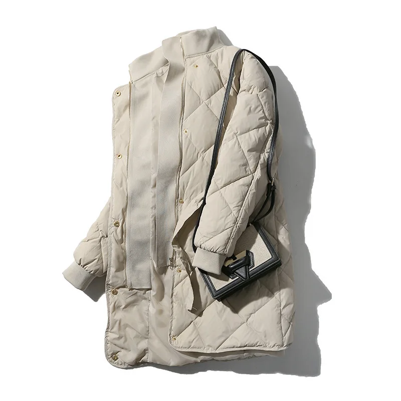 Фото Women's down jacket medium length standing collar slimming body, waist closed white eiderdown coat fashion warm windbreaker coat №4