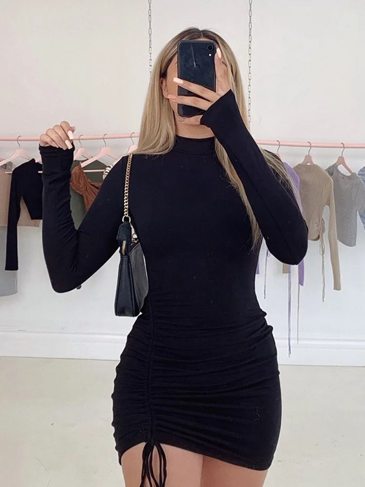 

Long Sleeve Ruched Bodycon Dress Women 2023 New Turtleneck Bandage Mini Dresses Autumn Black Skinny Stretchy Party Vestidos