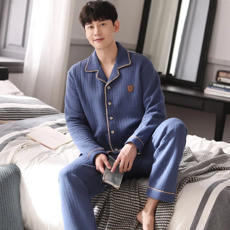 Пижама с длинным рукавом мужская хлопковая сэндвич тонкая стеганая подкладка