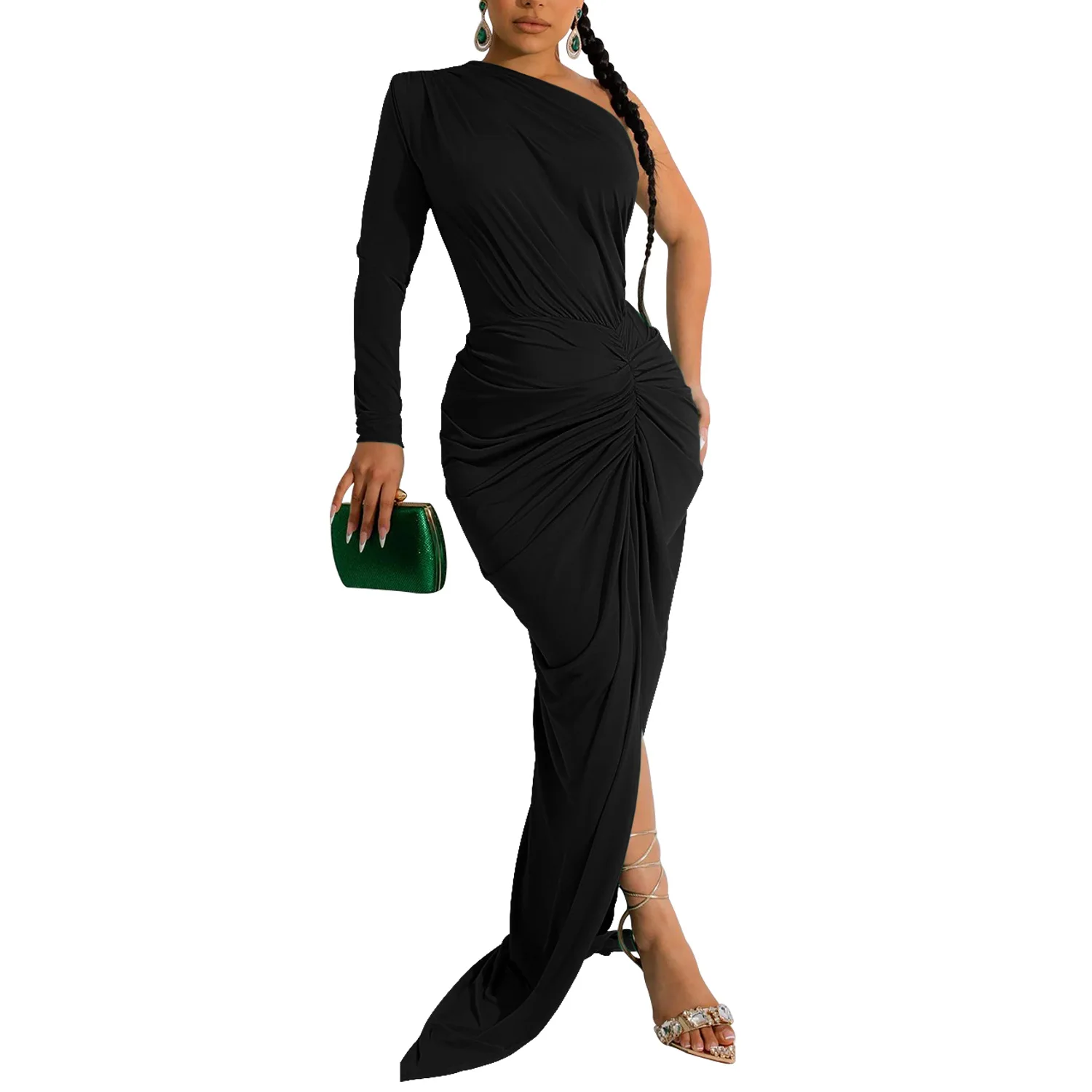 

2023 Long Elegant Dresses for Women Summer One Shoulder Maxi Dress Bodycon Sexy Black Slit Fomal Wedding Evening Party Dress