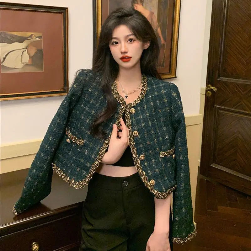 

Casacos De Inverno Feminino Small Fragrant Wind Jacket Vintage French Plaid Short Tops