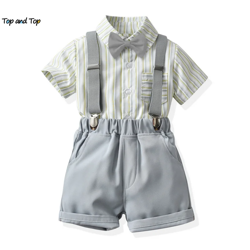 

Комплект одежды для мальчиков, Повседневная рубашка в полоску с бантом и шорты на подтяжках, с коротким рукавом, модный топ для начинающих х...