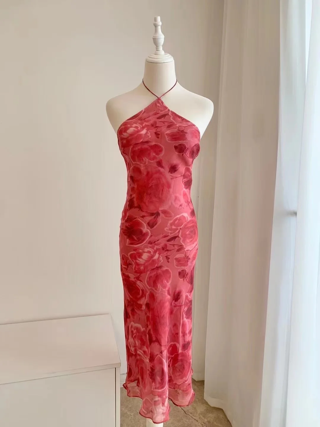 Women Halter Neck Strapless Floral Print Sleeveless 100% Silk 2023 Summer Midi Dress