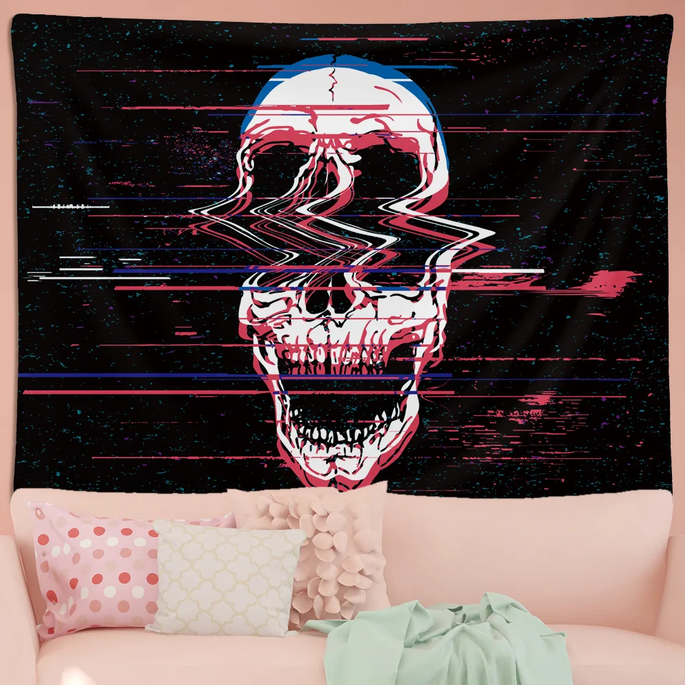 Skull Cool Color Fluorescent Black and White Tapestry House Wall Decorative Cloth Background Wall Hanging Cloth Room Tapestry
