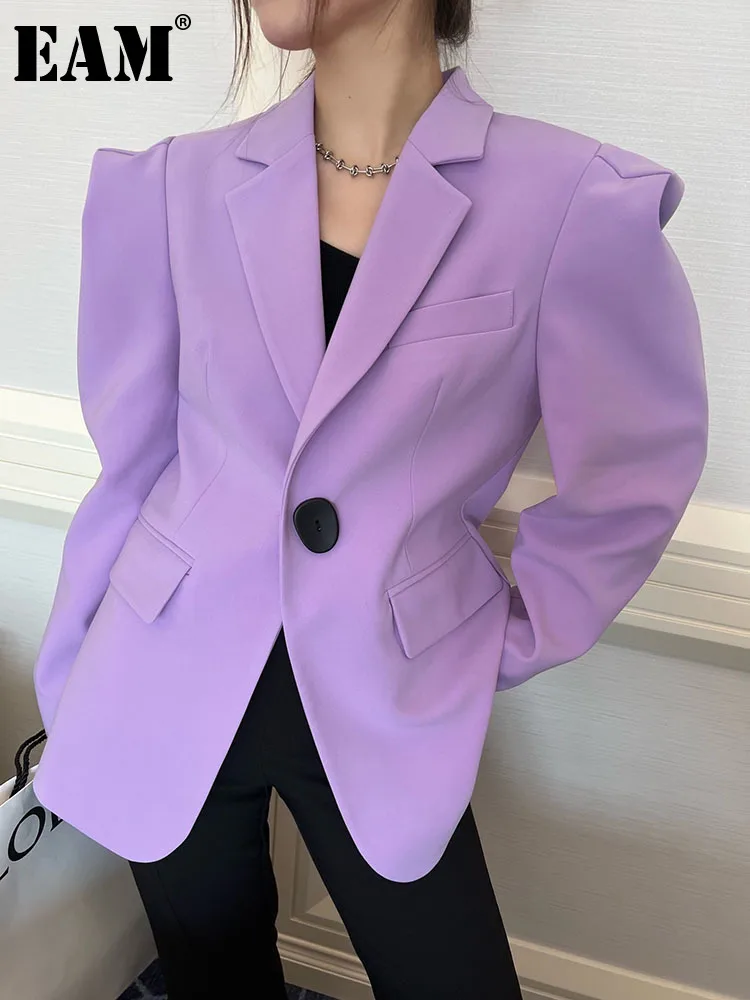 [EAM]  Women Purple Shaped Big Size Blazer New Lapel Long Sleeve Loose Fit Jacket Fashion Tide Spring Autumn 2023 1DE7177