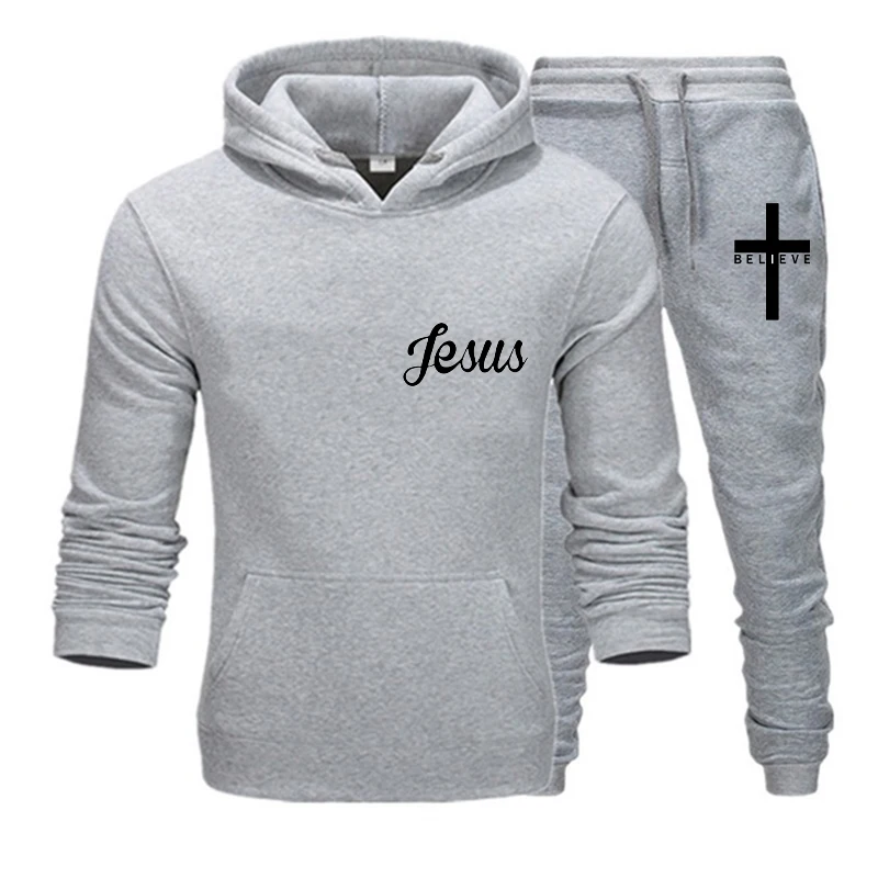 Latest I Believe in Jesus Christ Printed Autumn and Winter Men's Sports Casual Suit Solid Color Hooded Drawstring Design Sports
