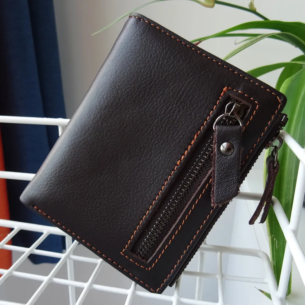 Men's wallet Leather zipper buckle Small wallet Men's card bag Short slim coin wallet Cow leather thin