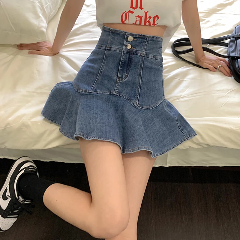 Jeans Women Spring Summer Blue Shorts Casual High Street Ruffle Elastic Denim Skirt Women High Waist Slim Hip Short Skirt Fashio
