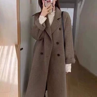 autumn and winter new korean woolen coat womens classic retro double breasted loose and slim medium and long woolen coat