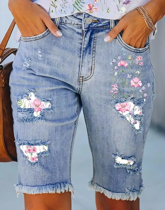 

Jeans Fashion Summer Short Pants Floral Print Ripped Raw Hem Denim Bermuda Casual Basics Denim Shorts for Women Y2K Streetwear