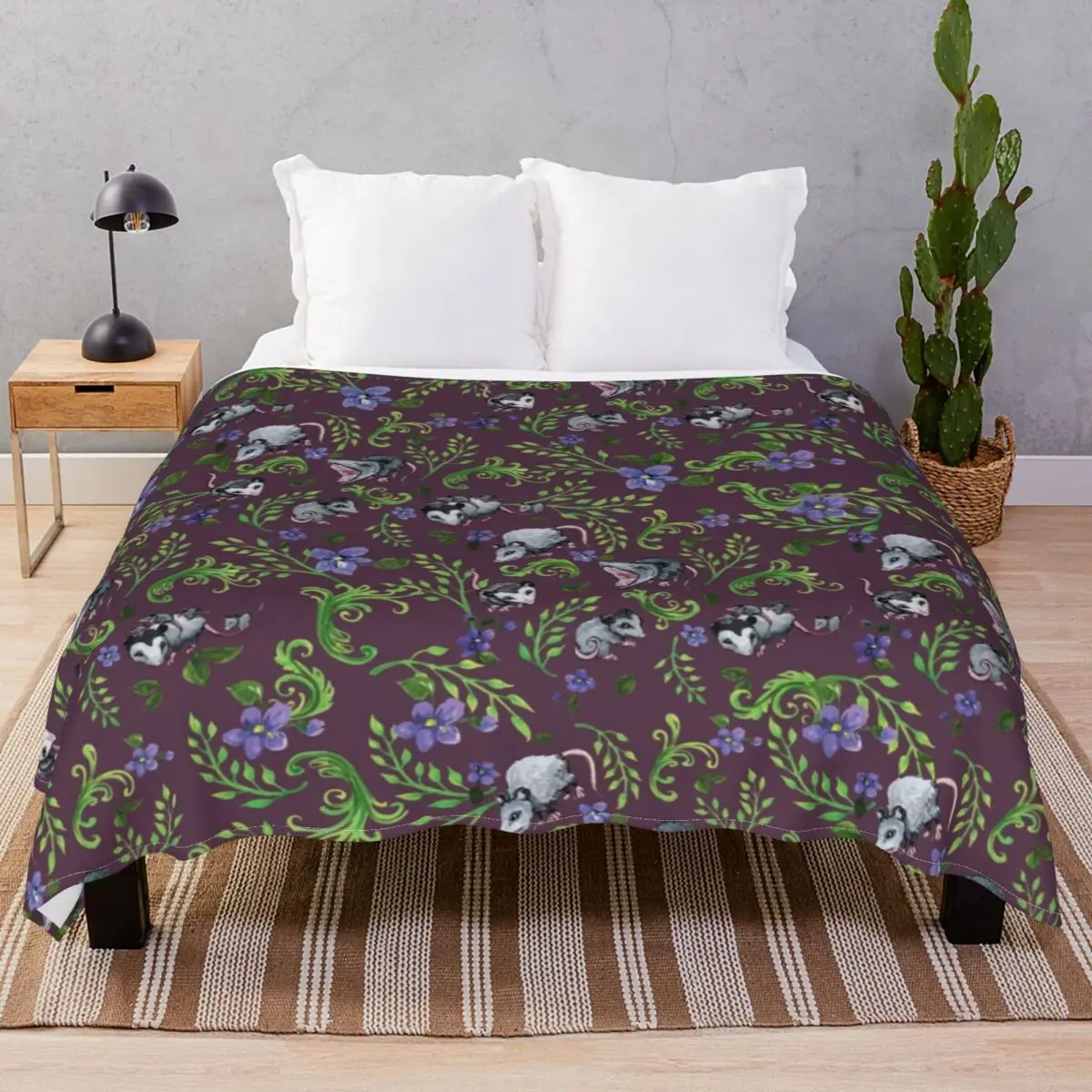Opossum Fern Violet Print Blanket Coral Fleece Summer Super Warm Throw Blankets for Bed Home Couch Camp Cinema