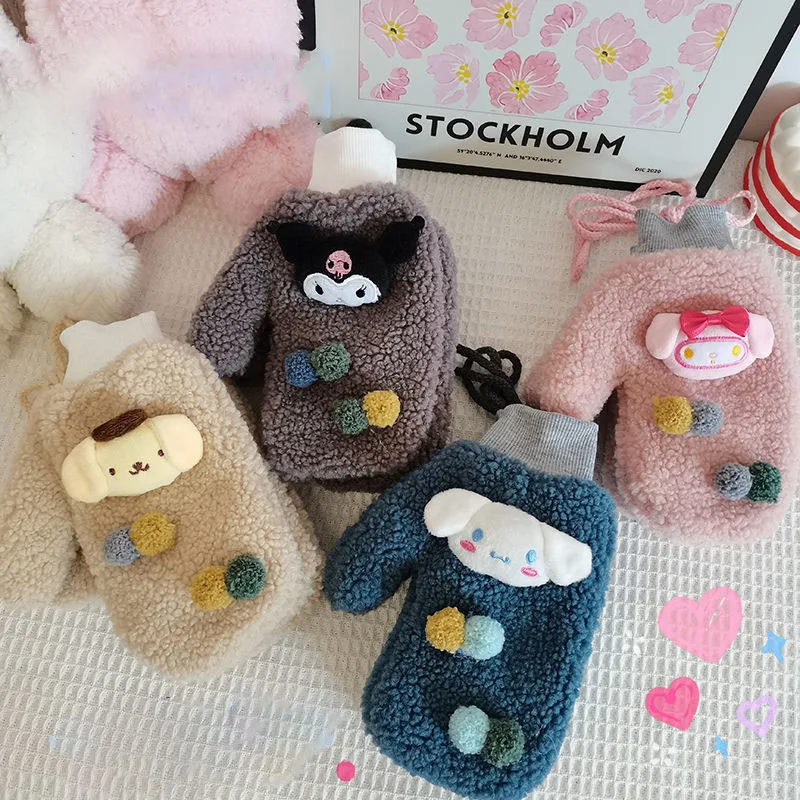 

Sanrio Cartoon Plush Gloves Mymelody Kuromi Pompom Purin Kawaii Children's Korean Cute Warm and Cold Proof Gloves In Winter