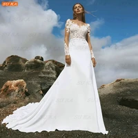white mermaid wedding dress 2022 vestido de noiva princesa long sleeves appliqued bride dresses satin backless robe de mariage