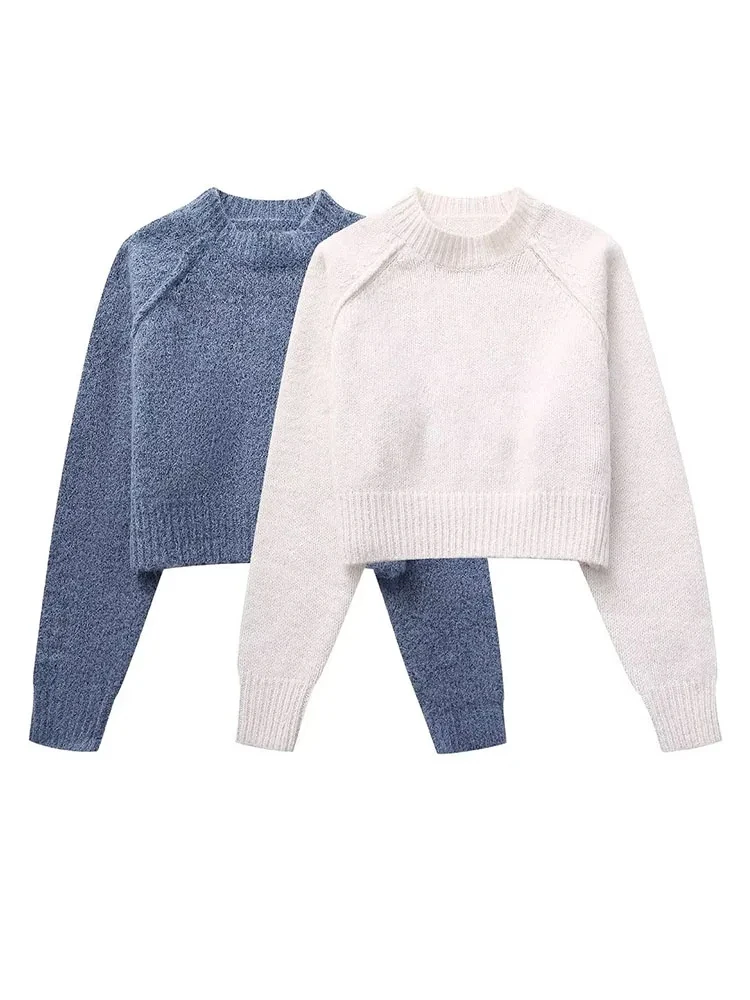 

HH TRAF Woman O Neck Long Sleeve Sweater 2023 Fashion Solid Knitting Cropped Pullovers Female Patchwork Vintage Casual Chic Tops