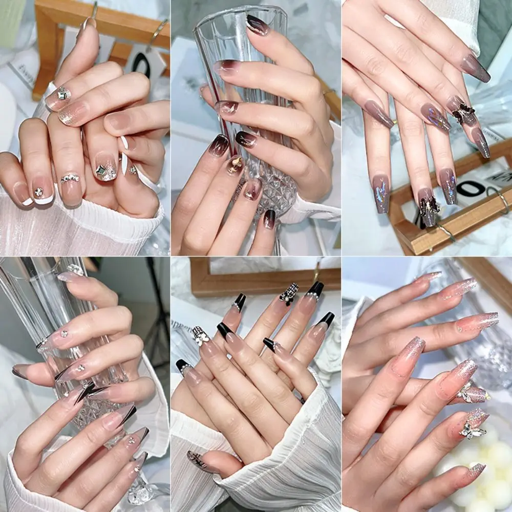 

DIY Detachable Butterfly Pearls Crystal Press on Nails Short Square French Long Ballerina Fake Nails