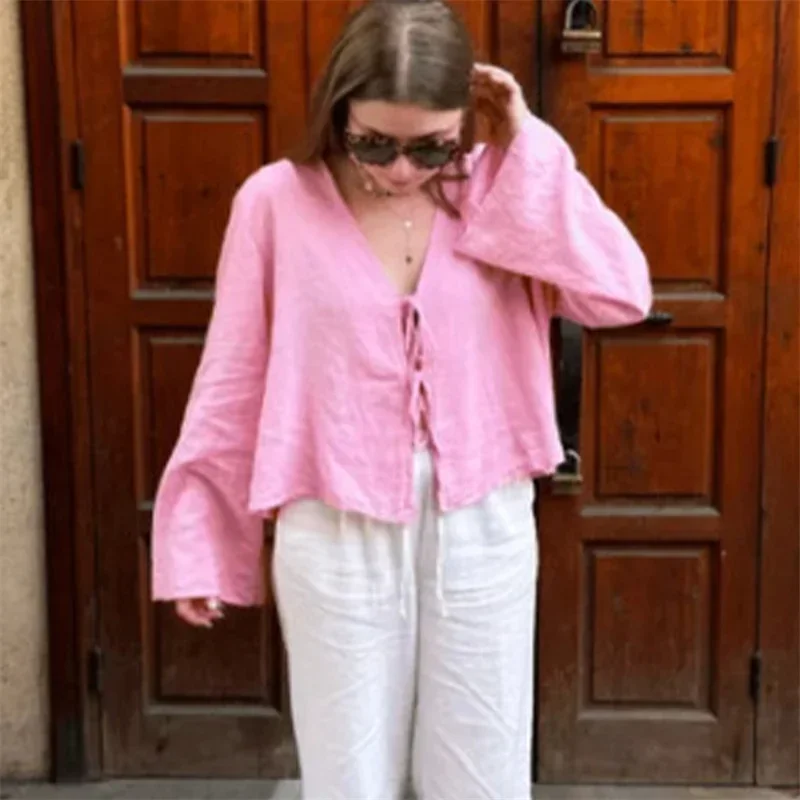 Женская однотонная повседневная рубашка с глубоким v-образным вырезом на
