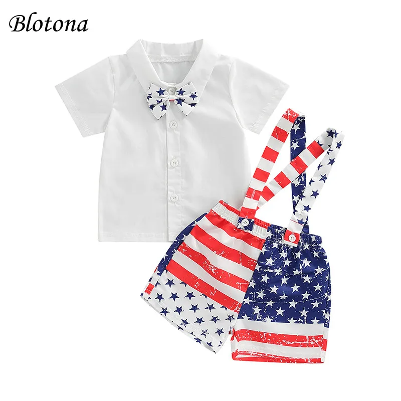 

Blotona Boys Gentleman Independence Day Outfits, Solid Color Short Sleeve Bowtie Shirt +Stripe Star Print Suspender Shorts, 1-6Y
