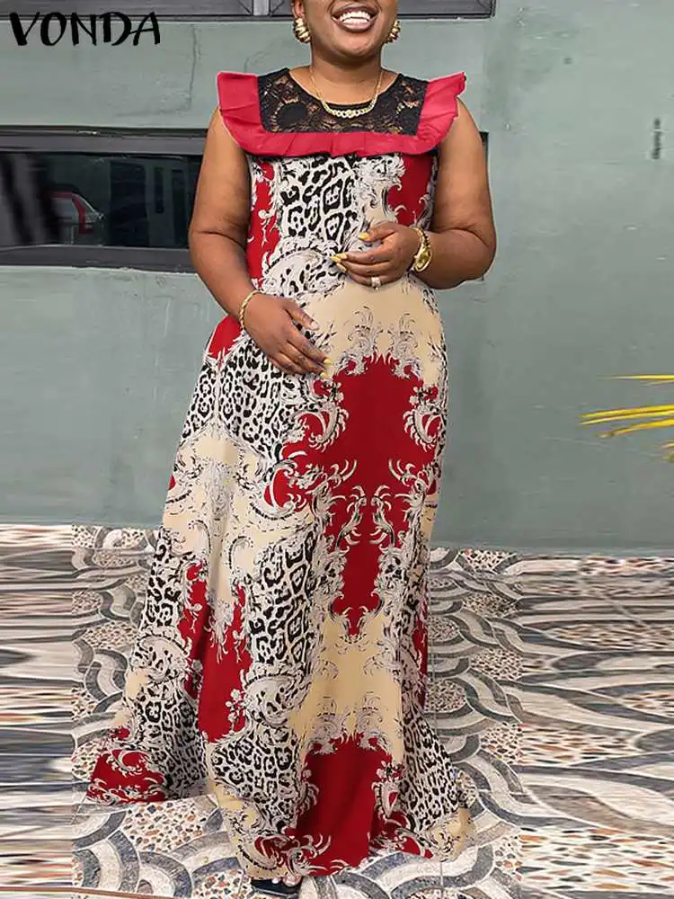 

2022 винтажное богемное повседневное Макси-платье VONDA, Женский вечерний сарафан с круглым вырезом, Летнее Длинное платье без рукавов с принто...