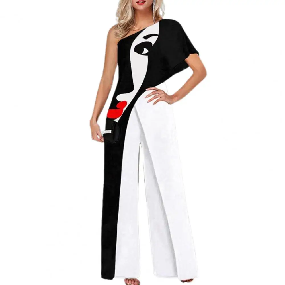 

Stylish Women Jumpsuit Loose Slash Shoulder Autumn Ladies Face Print Wide Leg Jumpsuit