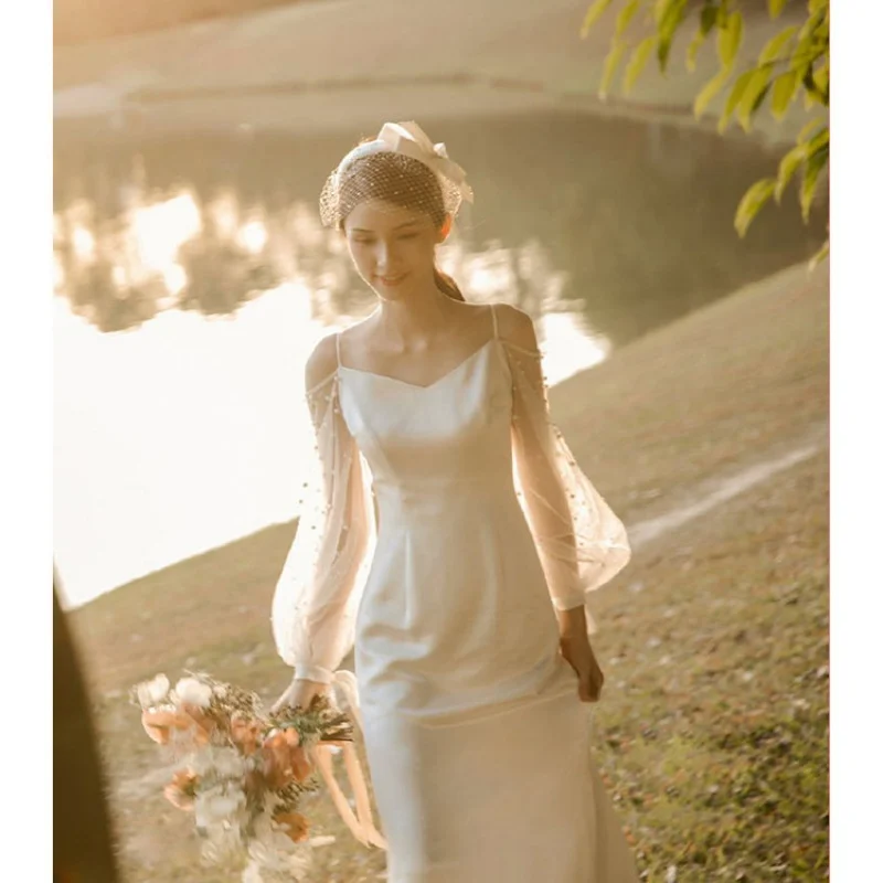 

French Strap Light Wedding Dress Bridal Mori Super Fairy Simple Banquet Female Slimming Retro Veil L0780