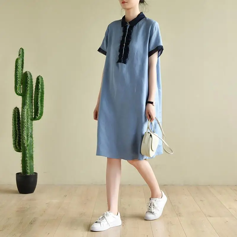 

Loose Short Sleeve Women's Contrast Stitching Dress 2022 New Blue Skirt Korean Casual