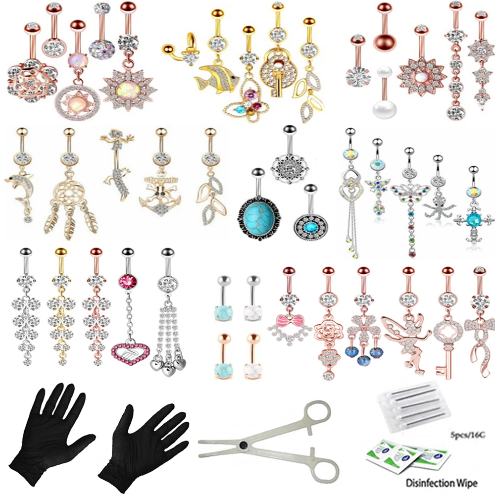 

5/6PCS/Set Cute Dangle Belly Ring Pack 14G Navel Piercing Bulk Sexy Belly Ring Set Belly Button Ring Lot Pircing Ombligo Jewelry